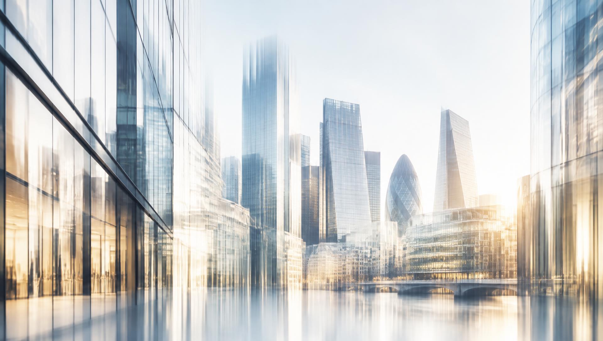 Abstract view of London commercial property, glass facades in soft motion